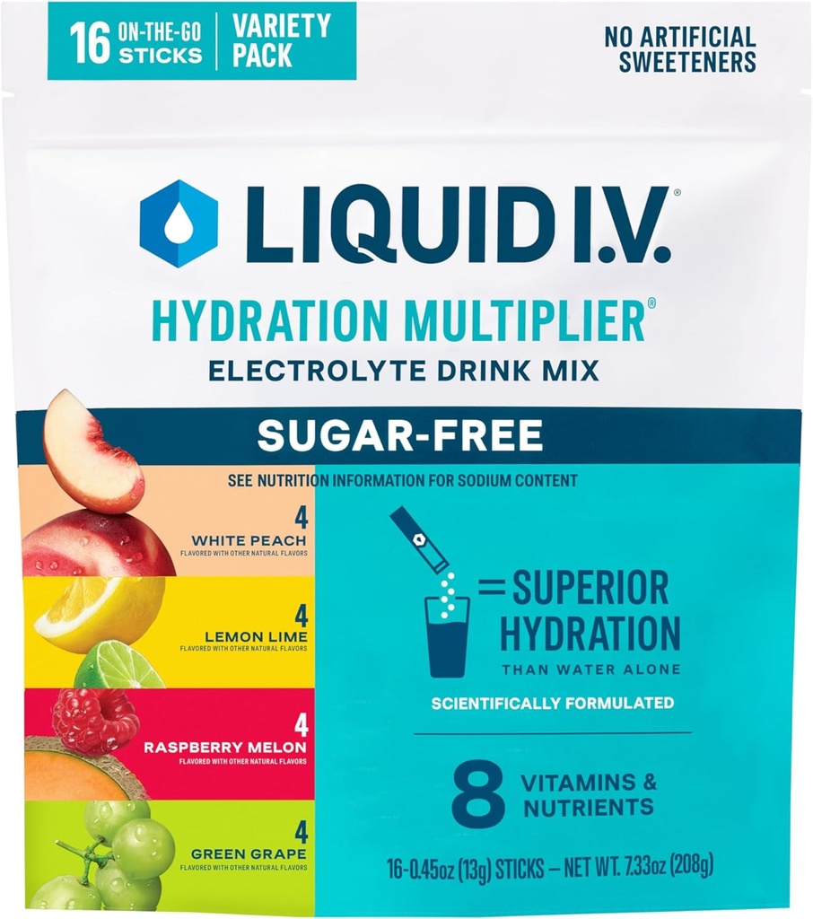 Liquid I.V.® Multiplier d'hydratation Variété sans sucre - Melon de framboise, Lime de citron, Pêche blanche, Raisin vert (Paquet varié)