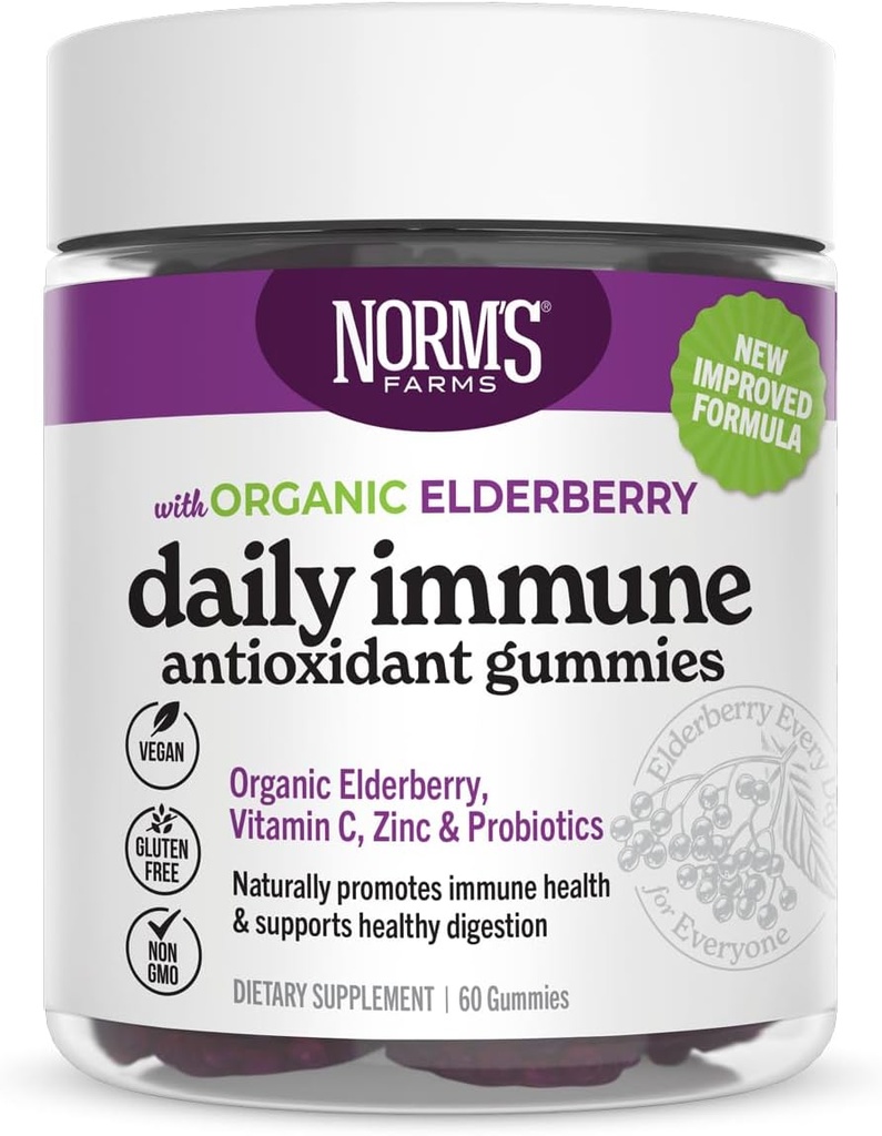 Norm's Farms Organic Elderberry Gummies - Daily Immune Support for Adults & Kids with Zinc, DE111 Probiotic, Vitamin C - Made in USA, 3rd Party Tested - Vegan, Gluten-Free, Kosher, Non-GMO, 60 Gummies