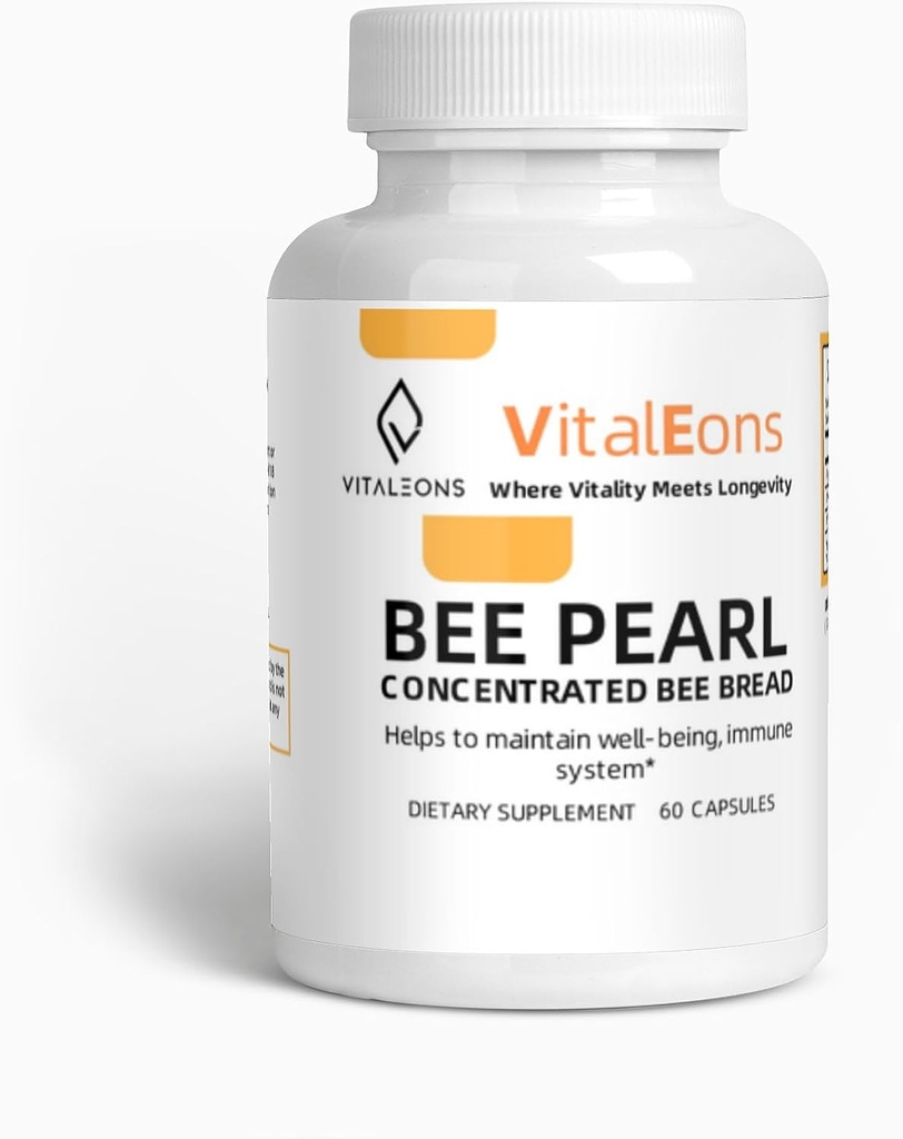 Supplément de pollen d'abeille - Polline d'abeille, propolis et gelée royale - Perle d'abeille Vitaleons - Chaque perle a des vitamines, des microéléments, des polyphénols et des antioxydants (Végétarien, 60 Capsules)