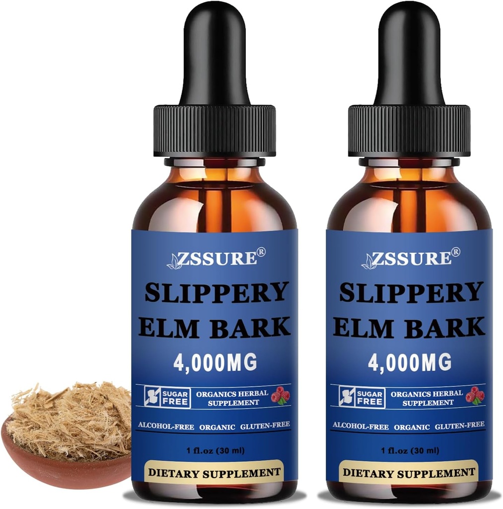 Slippery Organic Elm Liquid Drops (2 Pack) - Slippery Elm Extrait de teinture d'écorce pour la santé digestive, végétalien, sans alcool et sans sucre, antioxydant naturel, absorption rapide, supplément non-OGM