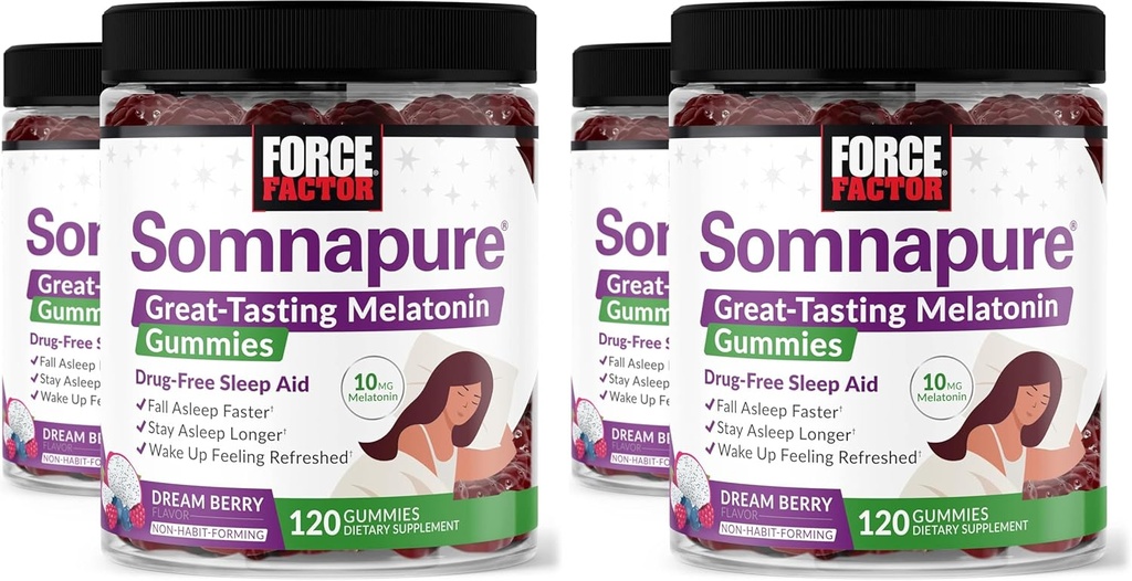 Facteur de force Somnapure Gummies avec la mélatonine, Supplément de sommeil sans drogue pour les adultes avec l'insomnie occasionnelle, Dream Berry Flavor, 120 comte (paquet de 4)