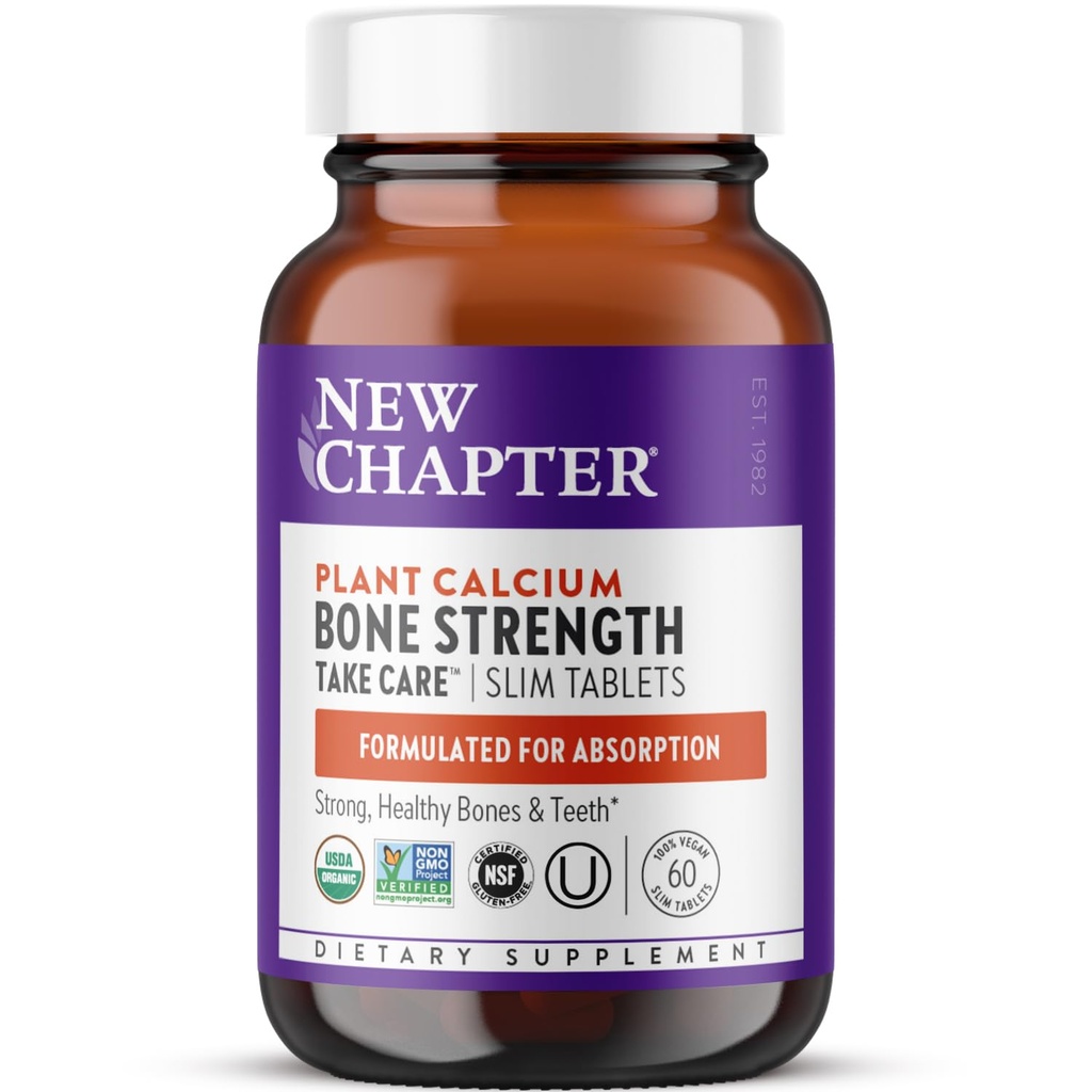 Nouveau chapitre Supplément de calcium - Calcium organique avec magnésium, vitamine D3+K2, 70+ minéraux traces pour la santé des os, sans gluten, comprimés minces faciles à avaler - 60 Compte