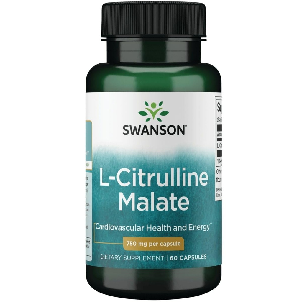 Malate de L-Citrulline de Swanson - Supplément acide amino Promouvoir la production d'énergie et la circulation sanguine saine - Formule naturelle appuyant le bien-être général - (60 capsules, 750mg chacune)