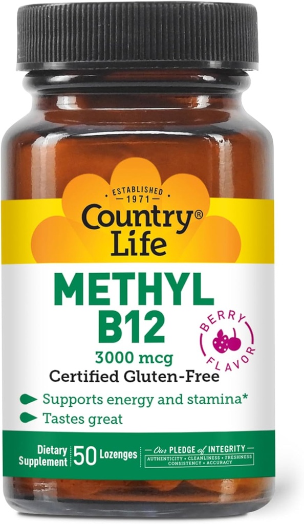 Country Life Méthyl B-12 3000 mcg Lozenges, végétalien, méthylcobalamine pour l'énergie et, facilement absorbé, B12 Vitamine, soutient les niveaux d'énergie, l'endurance et le métabolisme, 50 Compte
