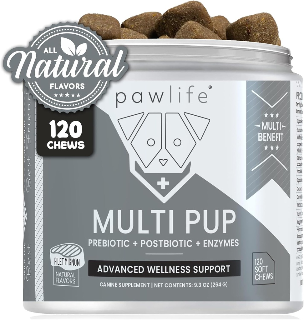 All Natural Multivitamin Soft Chews for Dogs (en anglais seulement) Glucosamine Chondroïtine pour un soutien conjoint avec des probiotiques pour la santé de Gut & Immune.