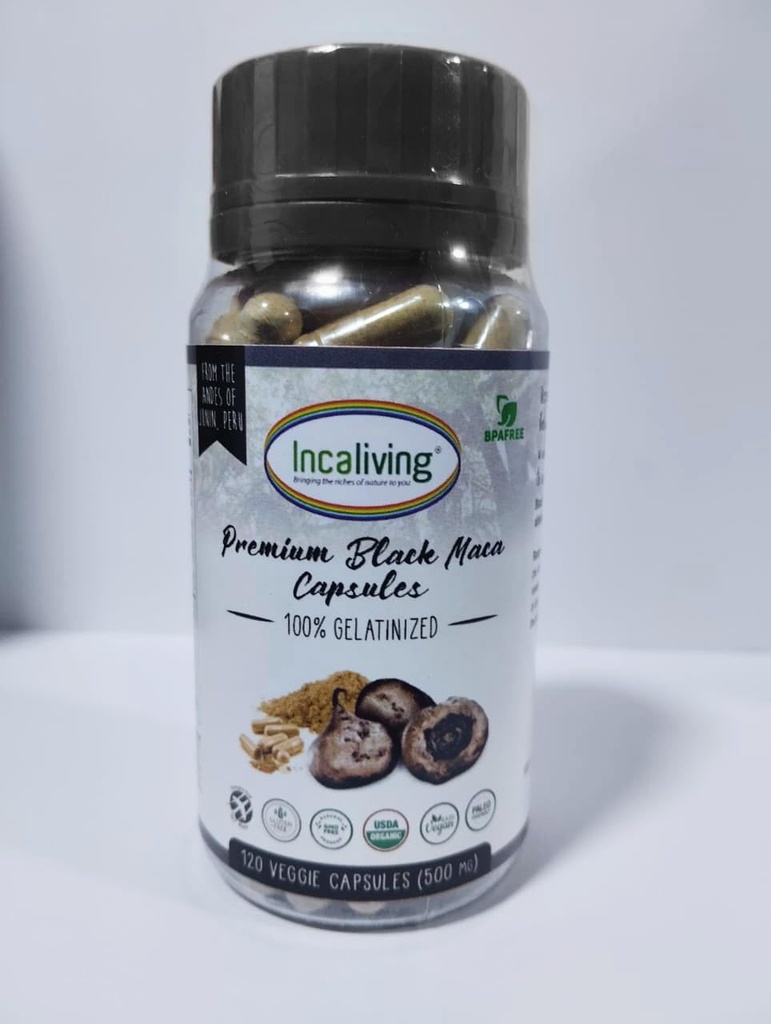 Incaliving- Premium Black maca Veggie caps 120ct.100% Organic Authentic maca du Pérou: sans gluten sans OGM, prendre après un entraînement ou tôt le matin.