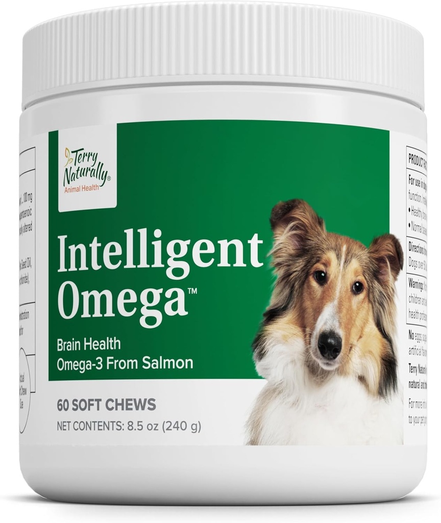 Terry Naturally Intelligent Omega - Fournitures de santé pour chiens pour la santé du coeur, du cerveau et des yeux - Fournitures pour animaux pour animaux de compagnie - Soutien pour chiens du coeur, du cerveau et des yeux - 60 chews doux