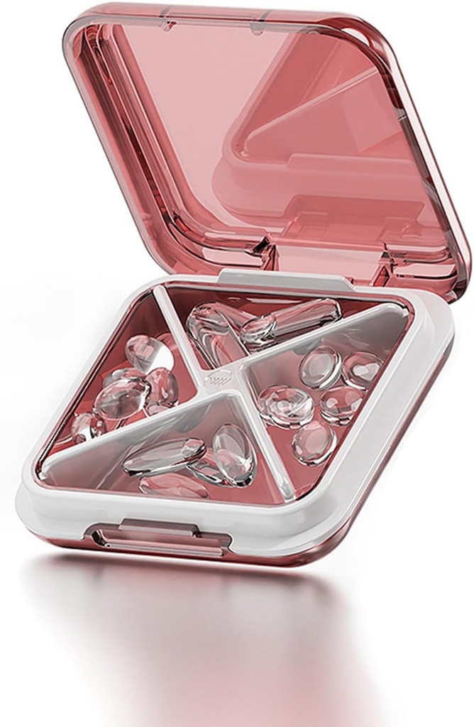 Petite boîte à pilules Étanche à l'eau Cas de pilules Portable Daily Pill Container Pill Holder for Purse 4 Compartiments Pocket Compact Medicine Organizer for Fish Oils,Supplements,Medication (Pink)
