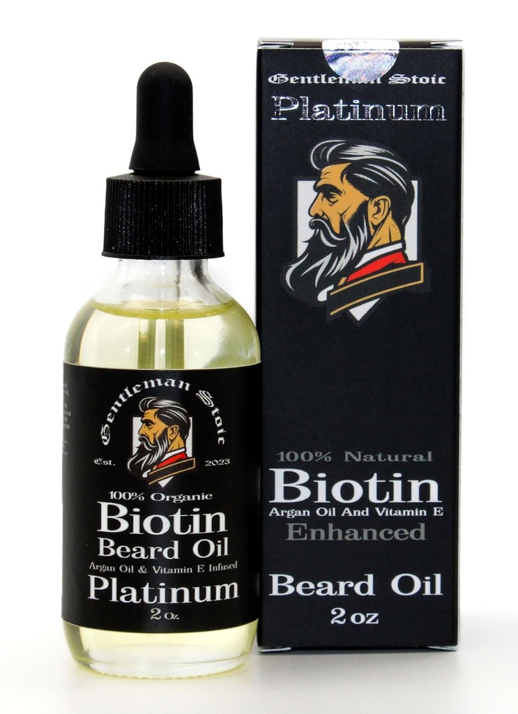 Huile de barbe de platine pour les hommes – Huile de croissance accrue de la biotine naturelle - Argan et vitamine E – Adoucit et contrôle – Huile de croissance de barbe pour les hommes - Parfum de vanille épicée (2oz – Pack de 1)