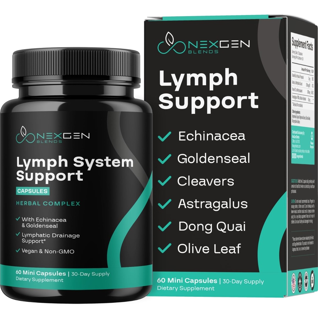 Complément de support du système lymphatique à base de plantes - Complexe de soutien lymphatique avec Echinacea Goldenseal Astragalus & Hydroxytyrosol pour le drainage lymphatique et le soutien immunitaire - Vegan Non-OGM sans gluten (1 mois)