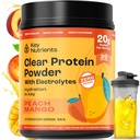 NUTRIENTS CLÉS Électrolytes Multivitamine Poudre Pas de sucre - Poudre d'électrolyte de la mangue de pêche - Supplément d'endurance et d'énergie - Poudre d'hydratation - Pas de calories - 20 portions - (Mango de pêche + Poudre de protéines)