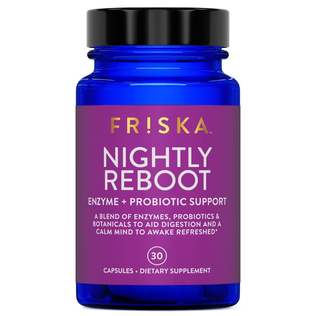 FRISKA Enzyme de redémarrage nocturne et probiotiques supplément, favorise une meilleure digestion et le sommeil, soutient la santé Gut pour les hommes et les femmes, Mélatonine, Camomille, 30 Capsules