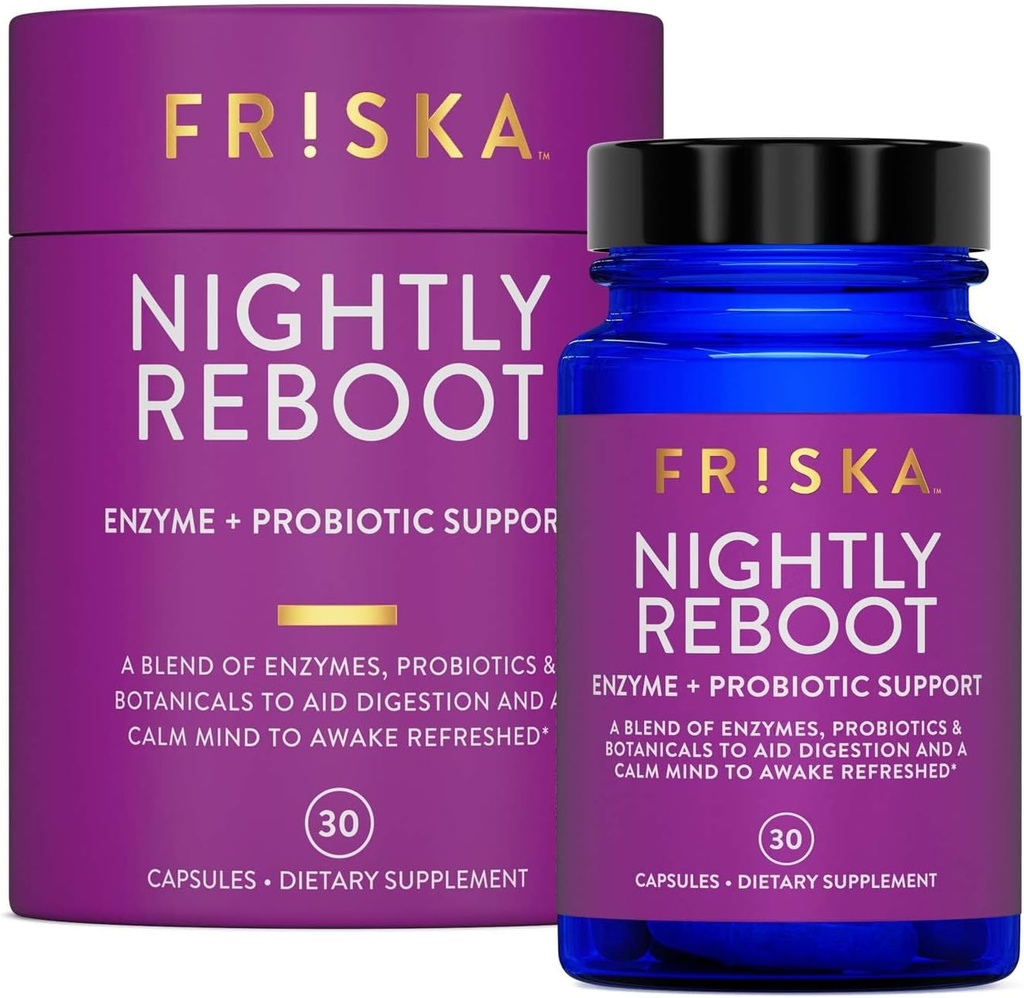 FRISKA Enzyme de redémarrage nocturne et probiotiques supplément, favorise une meilleure digestion et le sommeil, soutient la santé Gut pour les hommes et les femmes, Mélatonine, Camomille, 30 Capsules