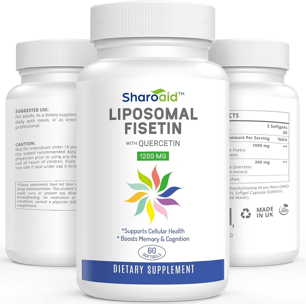 Fisetin liposomique avec suppléments Quercetin 1200 mg par portion, Polyphénols à haute absorption Antioxydants pour les femmes, Hommes,Non-OGM,Sans gluten,1 Bouteille-60 Softgels