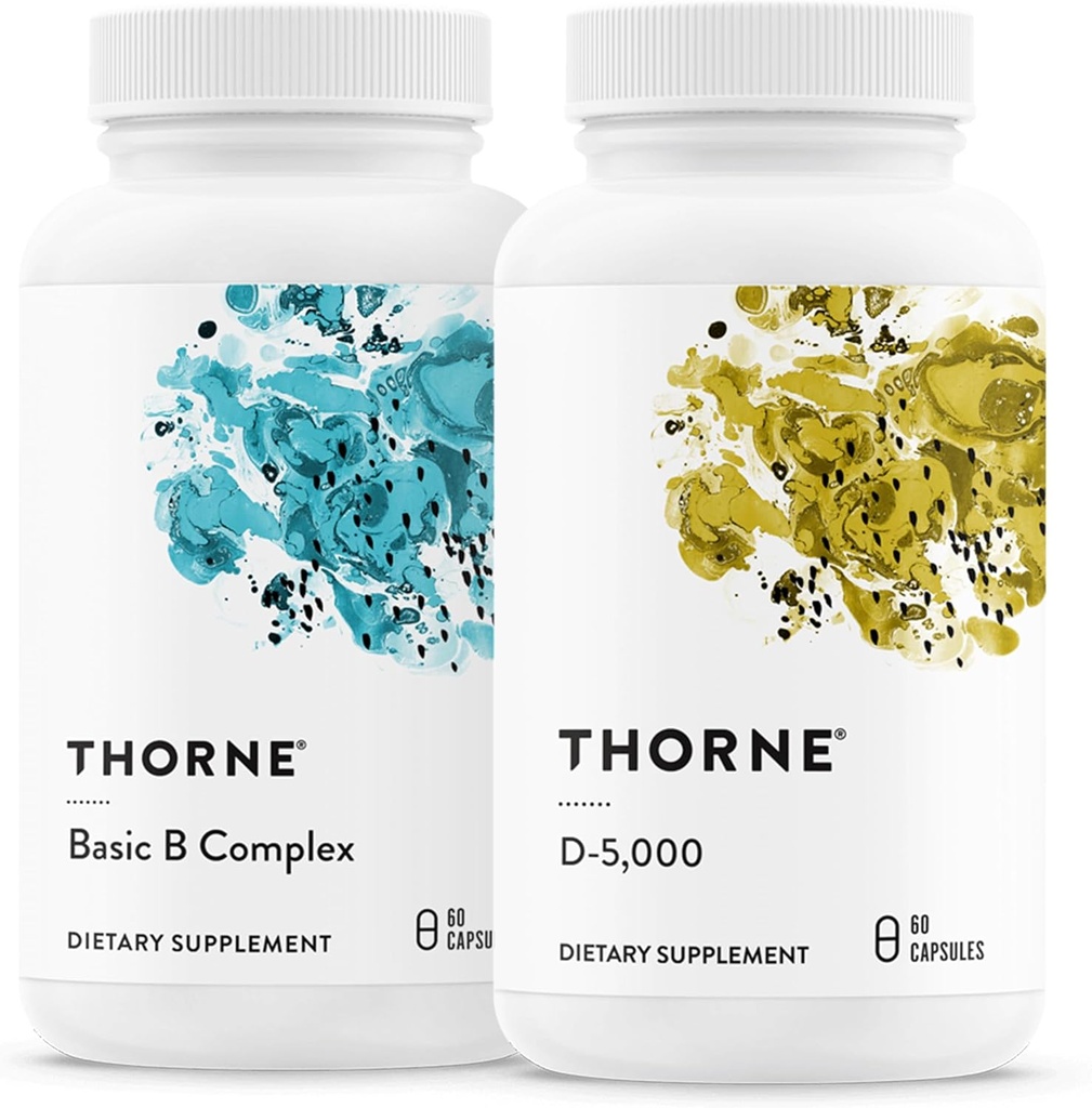 THORNE - Complexe B de base (60 gélules) et vitamine D-5000 (60 gélules) - Supporte la production d'énergie cellulaire, la santé cérébrale et les os sains - Gluten, laiterie et sans soja