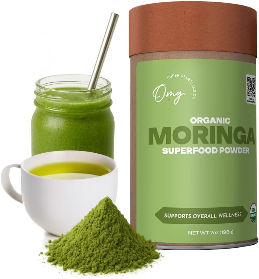 OMG ! Superaliments Poudre de moringa pure et biologique - USDA certifié Moringa Oleifera, grande source de calcium, fer, vitamines A & E - 7 Oz (1 Pack)