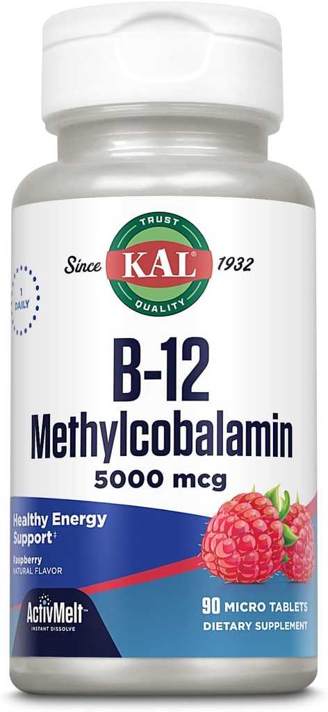 KAL Vitamine B12 méthylcobalamine 5000mcg, Énergie saine, Métabolisme, soutien des cellules sanguines nerveuses et rouges,* Dissoudre rapidement, Absorption optimale, Arôme de framboise naturelle, 90 portions, 90 microonglets