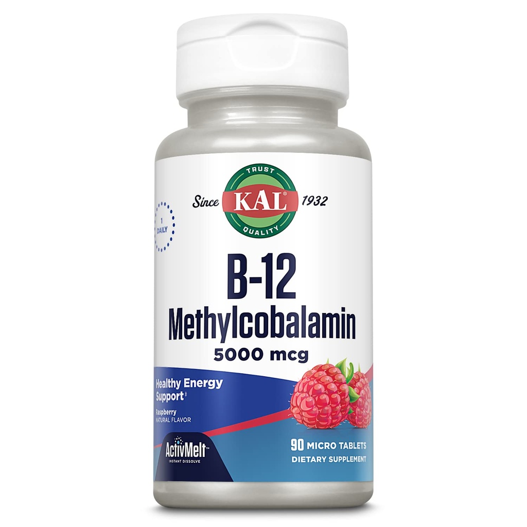 KAL Vitamine B12 méthylcobalamine 5000mcg, Énergie saine, Métabolisme, soutien des cellules sanguines nerveuses et rouges,* Dissoudre rapidement, Absorption optimale, Arôme de framboise naturelle, 90 portions, 90 microonglets