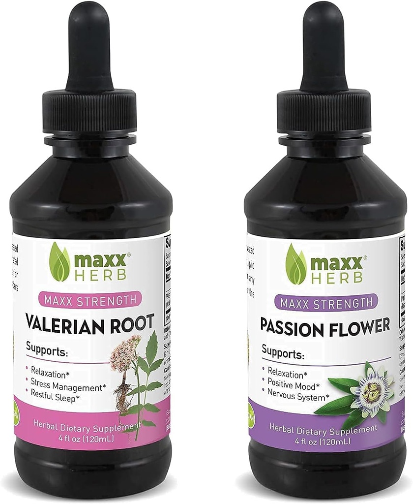 Better Sleep Bundle - Maxx Herb Passion Flower Extract + Valerian Root Extract - for Relaxation and Stress Management, Alcohol-Free - (1 Each) 4 Oz Bottle (60 Servings)
