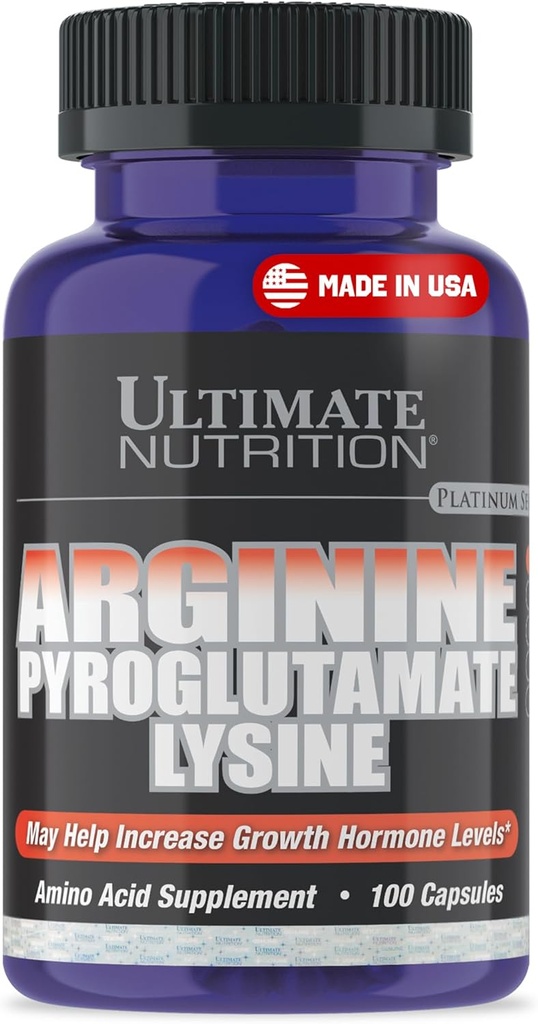 Ultimate Nutrition L-Arginine Suppléments pour les hommes et les femmes - Complexe Acid Amino Stacked avec Aginine, Pyroglutamate et Lysine - Support GH, Production d'oxyde nitrique et Flux sanguin optimal - 100 Capsules