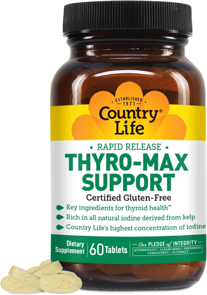 Country Life Thyro-Max Support - Supplément thyroïdien iode et L-tyrosine de Kelp pour hommes et femmes - Vitamines B, sans gluten, végétalien, casher - 60 capsules