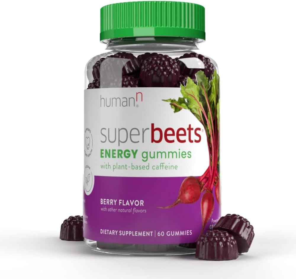 Gommies d'énergie de SuperBeets HumanN - Énergie rapide et attention mentale - Aide à augmenter l'oxyde nitrique - Soutien de la pression artérielle saine et support de circulation - Antioxydant, non-OGM - Berry Flavor, 60 comte