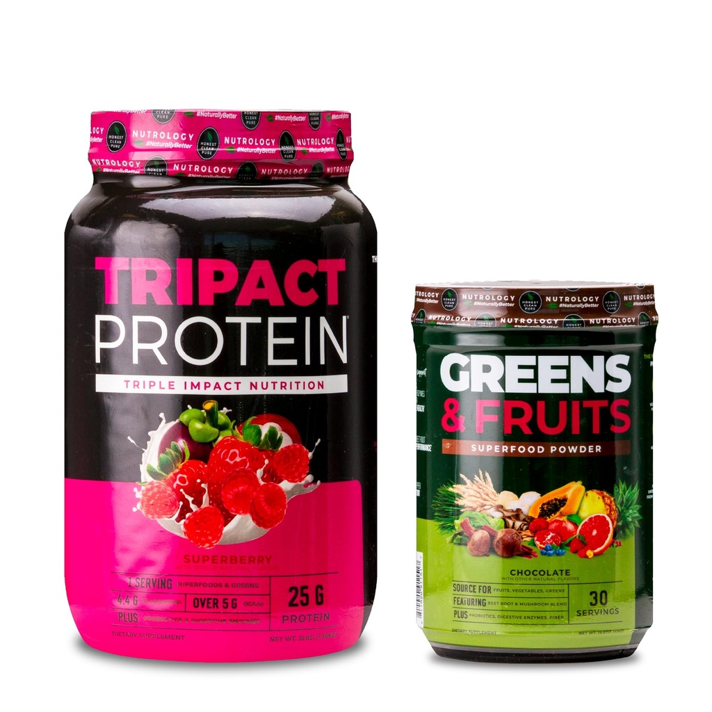 Nutrologie TRIPACT Poudre de protéines, 7-en-1 Remplacement des repas Shake, Superberry (40 portions) Verts et fruits Superfood, chocolat (30 portions)