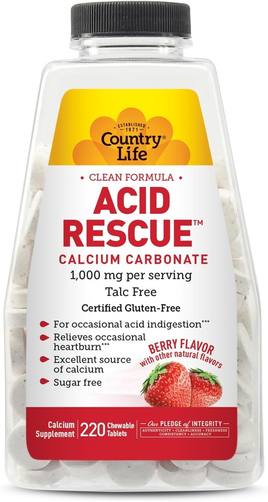 Pays de sauvetage de l'acide de vie Comprimés à mâcher - Vegan certifié & Gluten-Free Heartburn Relief, 400mg Calcium et Magnésium, Non-OGM, sans sucre Mint Flavor, soutient la santé osseuse, 220 comte