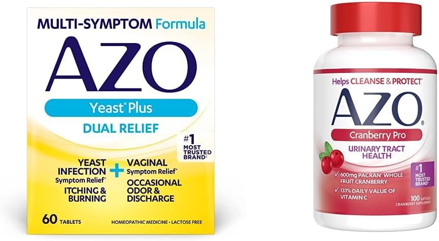 AZO Yeast Plus Dual Relief 60 Comprimés, Infection aux levures et soulagement du symptôme vaginal + Supplément de santé à la canneberge Pro Urinary Tract 600mg PACRAN, 1 portion = plus de 1 verre de jus de canneberge 100 CT