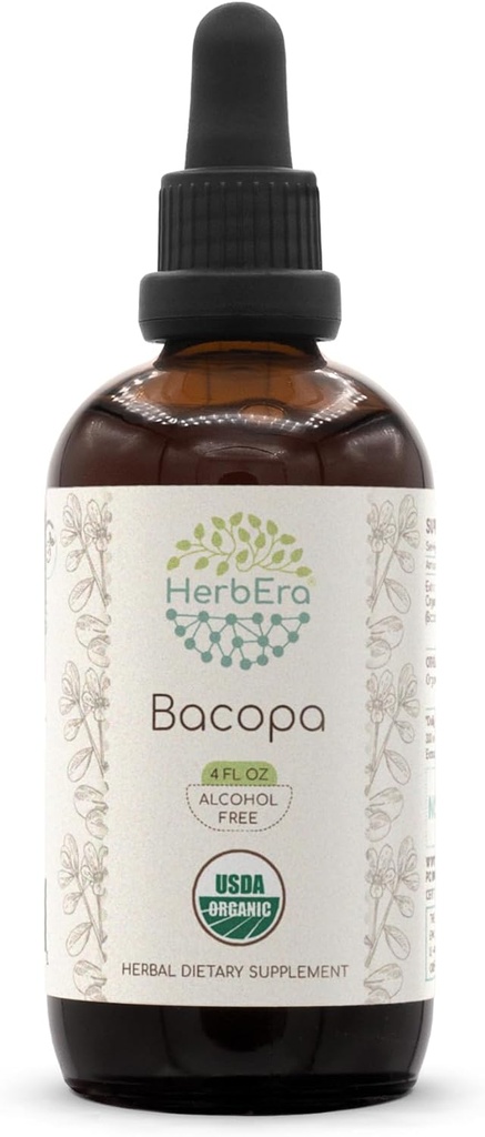 HerbEra Bacopa B120 USDA Teinture biologique (extrait sans alcool, gouttes à base de plantes de haute puissance, relaxation, effet cognitif positif) Bacopa biologique certifié (Bacopa Monnieri) Herb séché 4 OZ