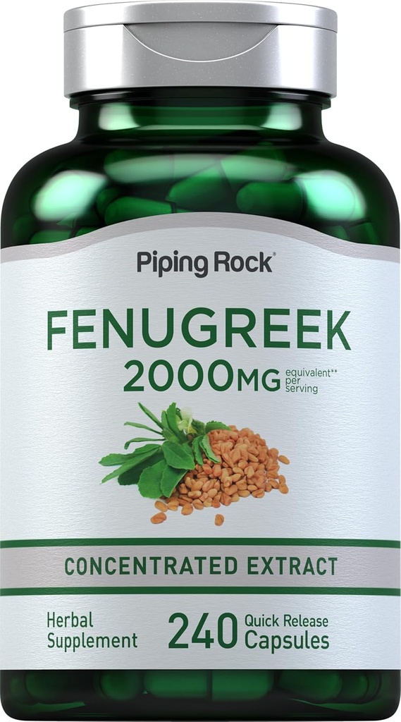 Pipping Rock Fenugreek Capsules $ 2000mg $ 240 Pills $ Supplément pour les femmes et les hommes $ Extrait concentré de semences $ Non OGM, sans gluten