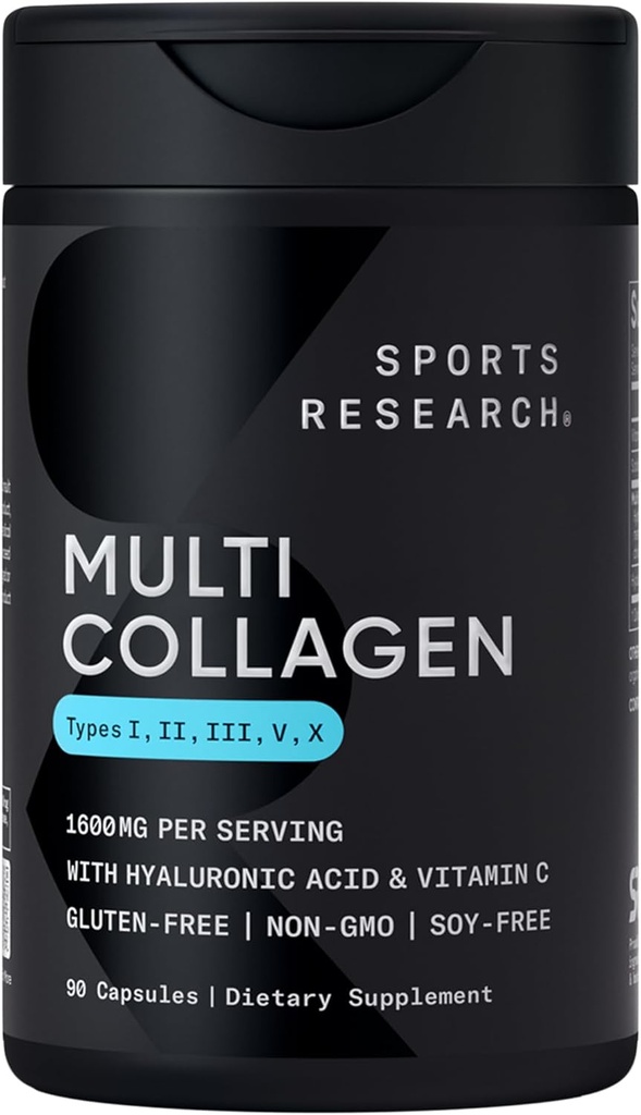 Recherche sportive® Pilules multicollagènes pour femmes et hommes - Peptides de collagène (Type I, II, III, V, X) améliorés avec l'acide hyaluronique et la vitamine C - Sans gluten φ· Non OGM - 90 capsules