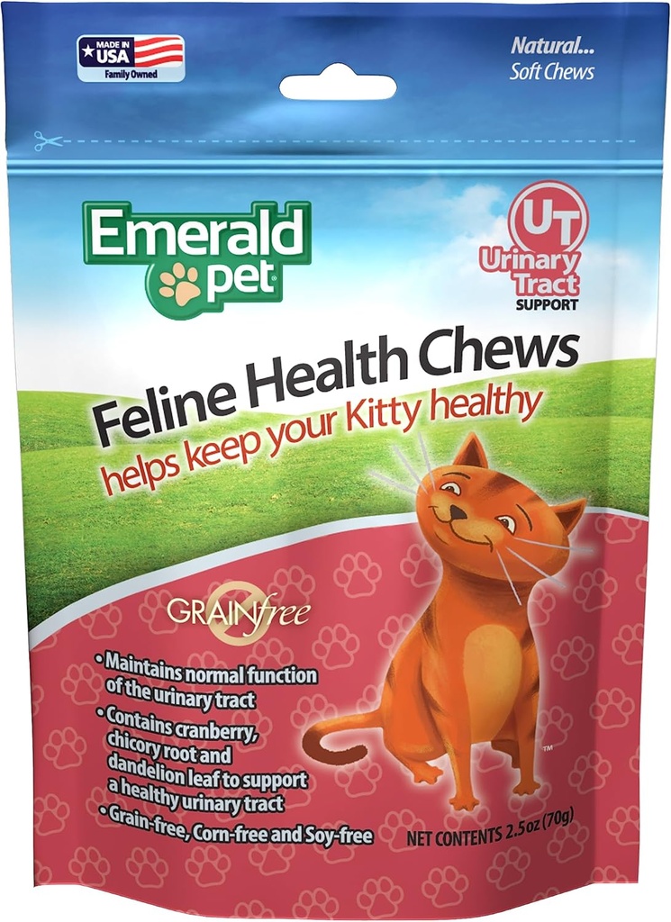 Emerald Pet Feline Health Chews UT Support — Natural Grain Free Urinary Tract Health Chews Cat Chews — Suppléments urinaires pour chats avec canneberge, racine de chicorée et extrait de feuille de dandelion — Fabriqué aux États-Unis, 2,5 oz