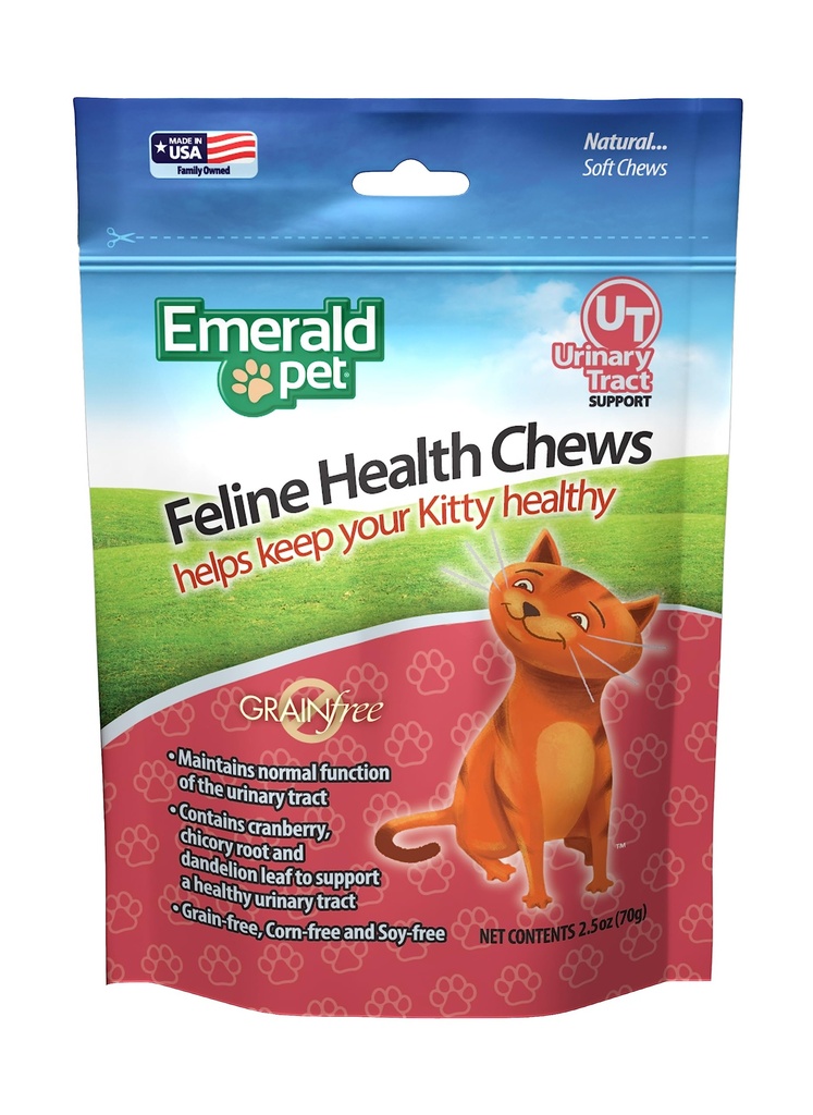 Emerald Pet Feline Health Chews UT Support — Natural Grain Free Urinary Tract Health Chews Cat Chews — Suppléments urinaires pour chats avec canneberge, racine de chicorée et extrait de feuille de dandelion — Fabriqué aux États-Unis, 2,5 oz