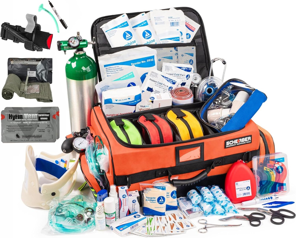 Sac de premier répondeur Scherber Fully-Stocked Premium HSA/FSA Approuvé par Grand Pro EMT/EMS Trauma, Saignement et Kit Médical Oxygène.