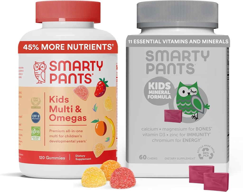 SmartyPants Kids Multivitamin Gummies & Kids Mineral Chews: Multivitamin à l'huile de poisson Omega 3 (EPA/DHA) et Multiminéral avec Citrate de magnésium et Calcium, 30 jours d'approvisionnement Chacun