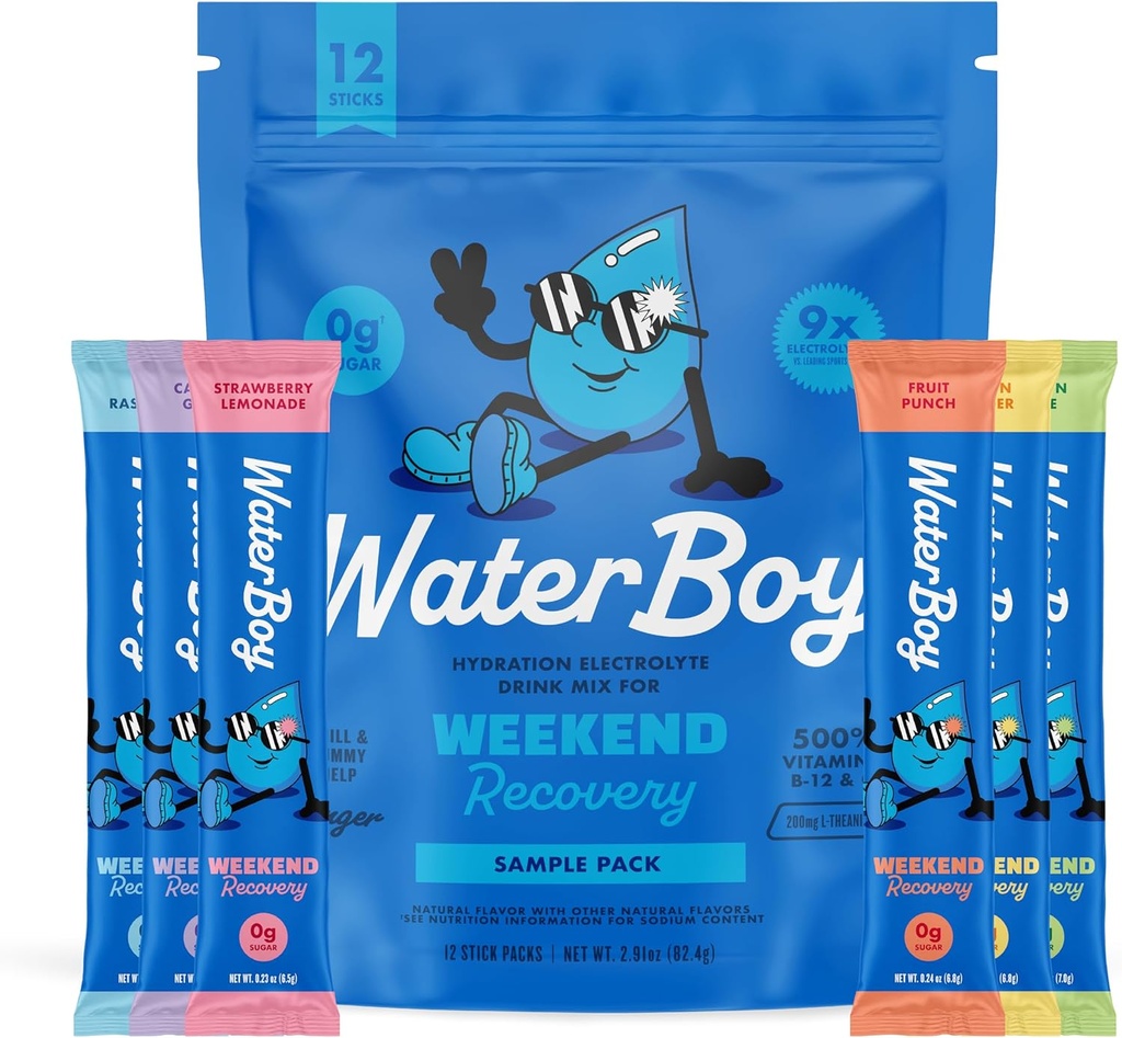 Waterboy Weekend Recovery Echantillon Pack de 3 200mg Électrolyte en poudre Packets de Ginger + L-Theanine + Vitamines.