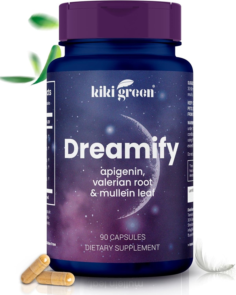 Supplément DREAMI vert KIKI - Apigenin, racine valériane, extrait de feuille de Mullein - Repos, relaxation, cycle de sommeil sain - 90 Capsules Vegan