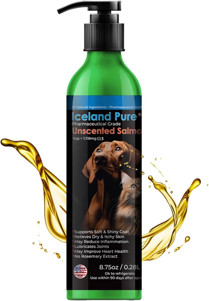 Iceland Pure Salmon Oil (huile de saumon pur) Qualité pharmaceutique non parfumée $ 1118mg d'oméga-3 par cuillère à café $ Complément alimentaire liquide pour chiens et chats $ BPA-Free en aluminium brossé bouteille enduit d'époxy avec pompe 8,75oz
