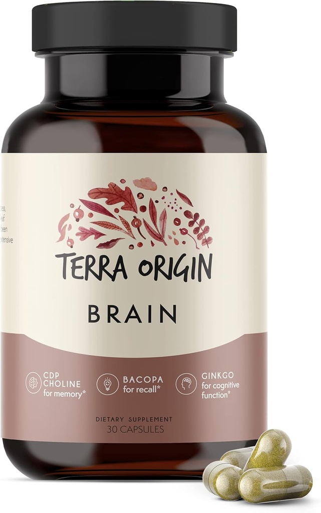 Origine Terra, supplément pour cerveau sain, capsules, 30 portions, avec CDP Choline, Ginkgo Biloba Extract et Bacopa - pour l'esprit sain, améliore la mémoire, le rappel et la fonction