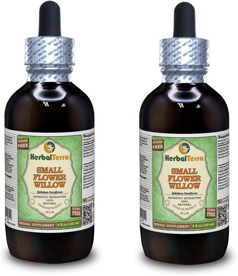 Small Flower Willow (Epilobium parviflorum) Glycerite, Dried Herb Alcohol-Free Liquid Extract (Brand Name: HerbalTerra, Proudly Made in USA) 2x4 fl.oz (2x120 ml)