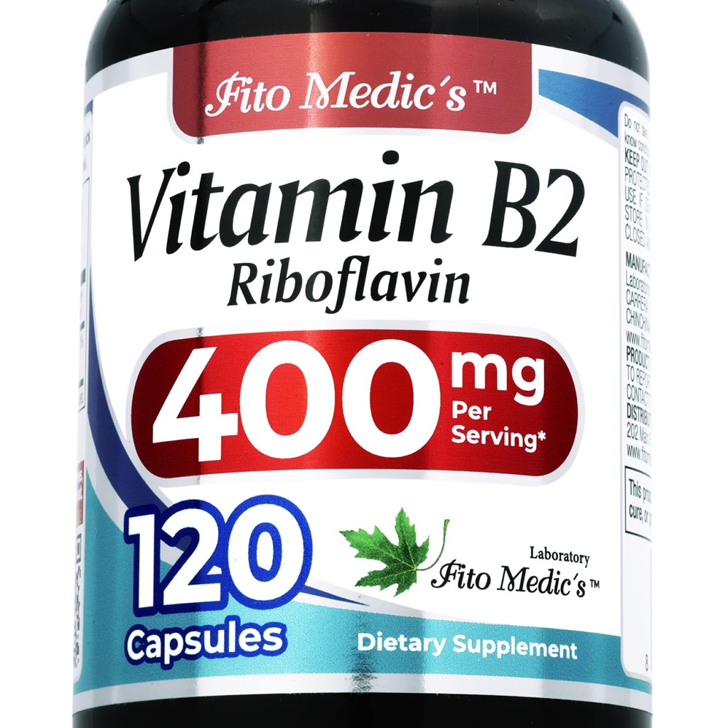 FITO MEDIC'S Lab (en anglais seulement) Vitamine b2=120 Capsules 400 mg = riboflavine 400mg = b2 Vitamine 400mg = b2= riboflavine = ultra-haut Absorption.