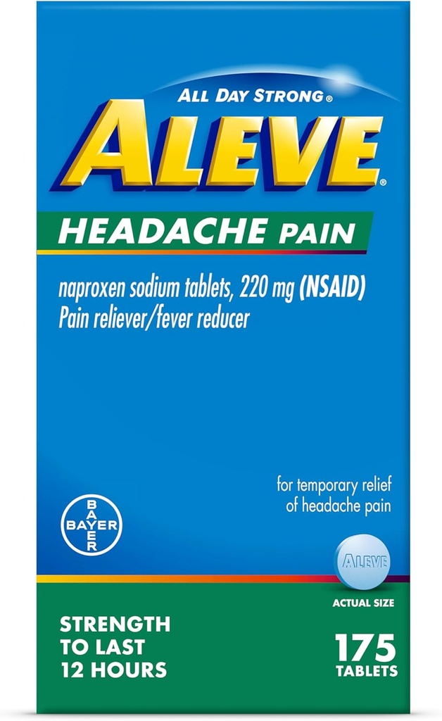 Aleve Céphalées Comprimés anti-douleur et réducteur de fièvre, Naproxène Sodium, pour Céphalées, Médecine de la douleur pour adultes, Pilules anti-douleur, 175 Compte