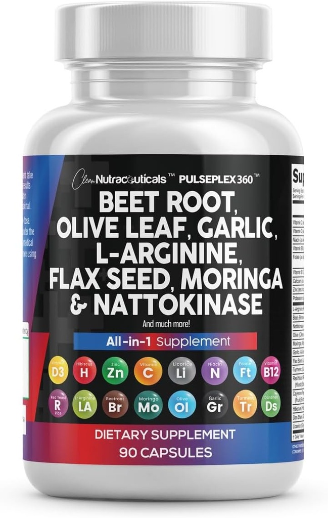 Nettoyer les nutraceutiques Capsules de racines de betteraves Olive Leaf Nattokinase Extrait d'ail L-Arginine Omega 3 Red Yeast Riz Hibiscus Danshen - Supplément de soutien santé - 90 Ct