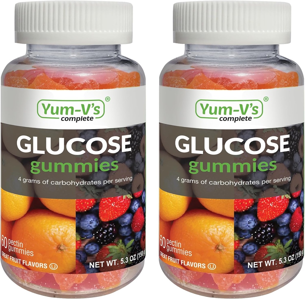 Gommies de Glucose YUM-V – Gommies de Glucose à croquer à action rapide – Grande dégustation – Sans gluten, végétalien, non OGM – Arôme naturel orange et berry – 60 Gommy à croquer pour adultes et enfants (paquet de 2)
