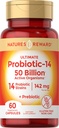 Probiotics with Prebiotics - 60 Capsules - 142 mg - 50 Billion Active Organisms - Vegetarian, Non-GMO & Gluten Free Supplement - by Nature's Reward