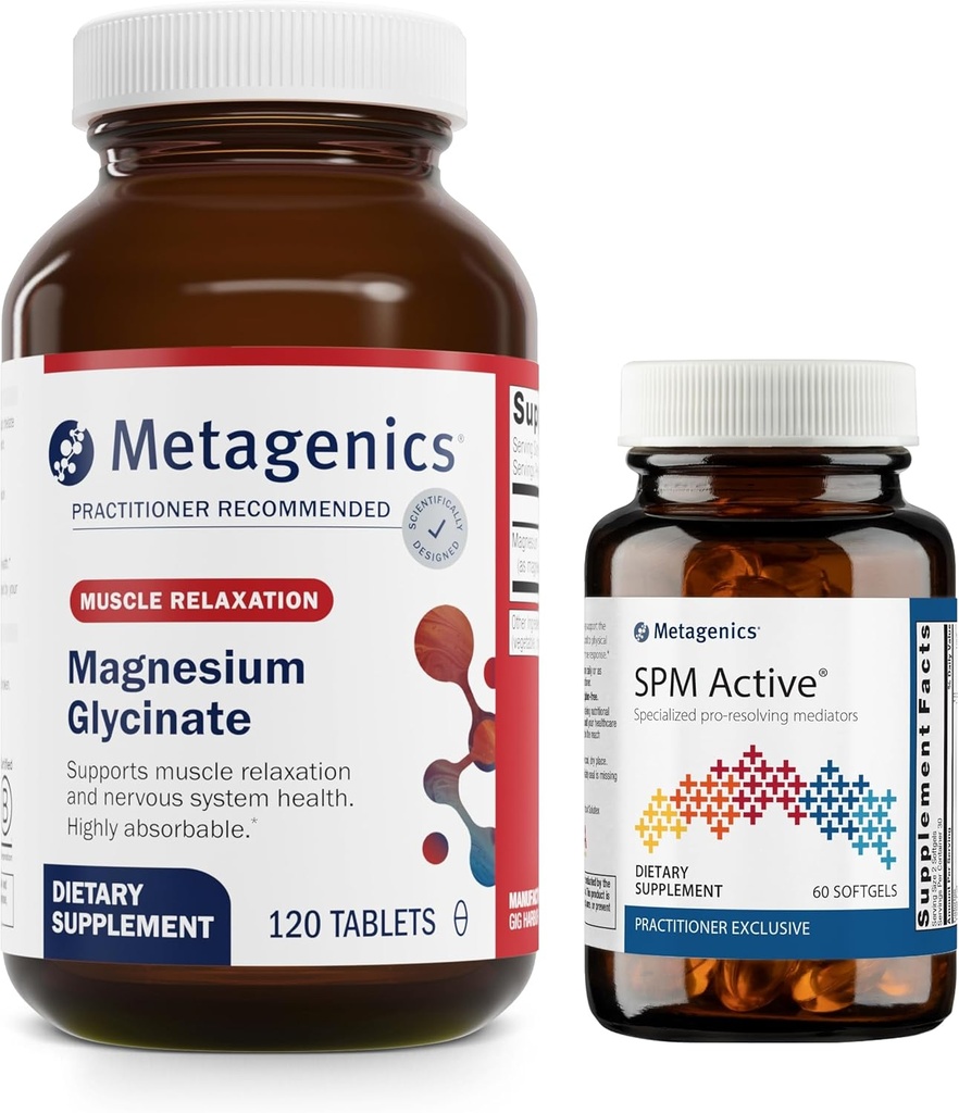 Métagénique Relief Duo - Magnésium Glycinate & SPM Active - 120 comprimés de Magnésium Glycinate pour le support du système nerveux - 60 Softgels de SPM Active pour le confort articulaire et le soulagement du malaise mineur