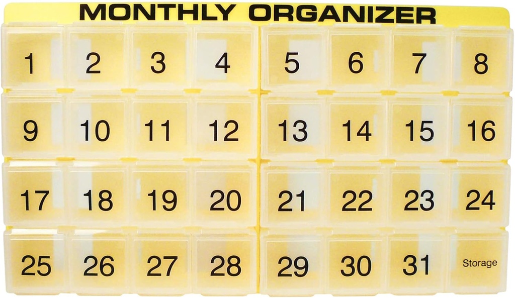 31 compartiments, 1 par jour, 4 semaines Monthly Pill Organizer par Promed. Comprend le bac et 8 compartiments amovibles. (jaune)