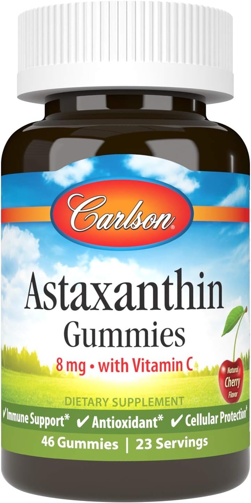 Carlson - Gummies d'astaxanthine, avec vitamine C, soutien immunitaire, antioxydant, santé cardiaque, non-OGM, saveur de cerise, 46 Gummies végétariennes