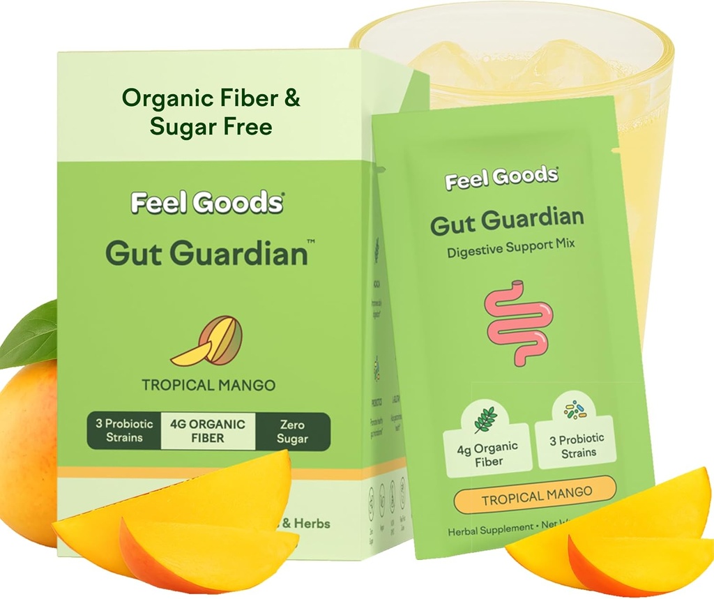 Feel Goods Gut Guardian, Fibre biologique, Poudre probiotique et prébiotique, Sans sucre, Herbes pour Bloat, Gut Health Support, Santé digestif pour les hommes et les femmes, Non OGM, Vegan, Mangue tropicale, 15 portions